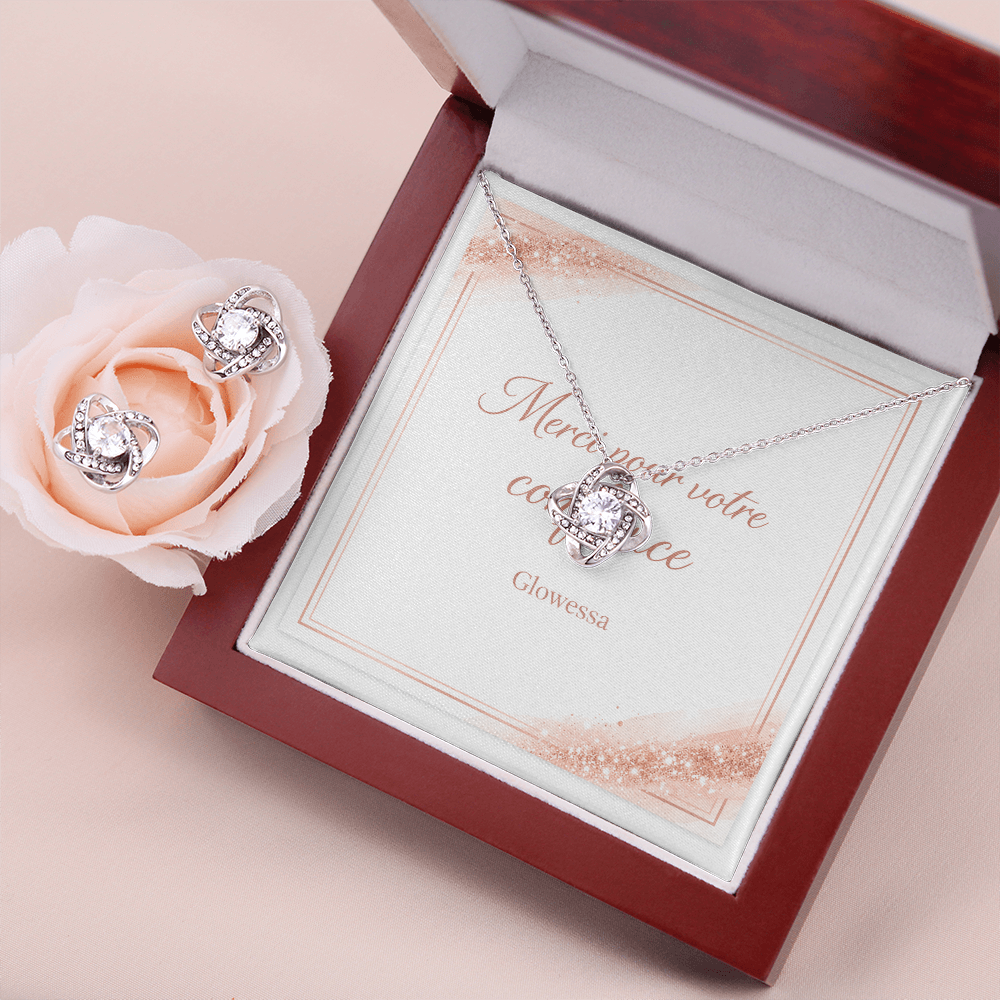 Ensemble Collier & Boucles d'Oreilles « Love Knot » – Zircone & Or Blanc 14k