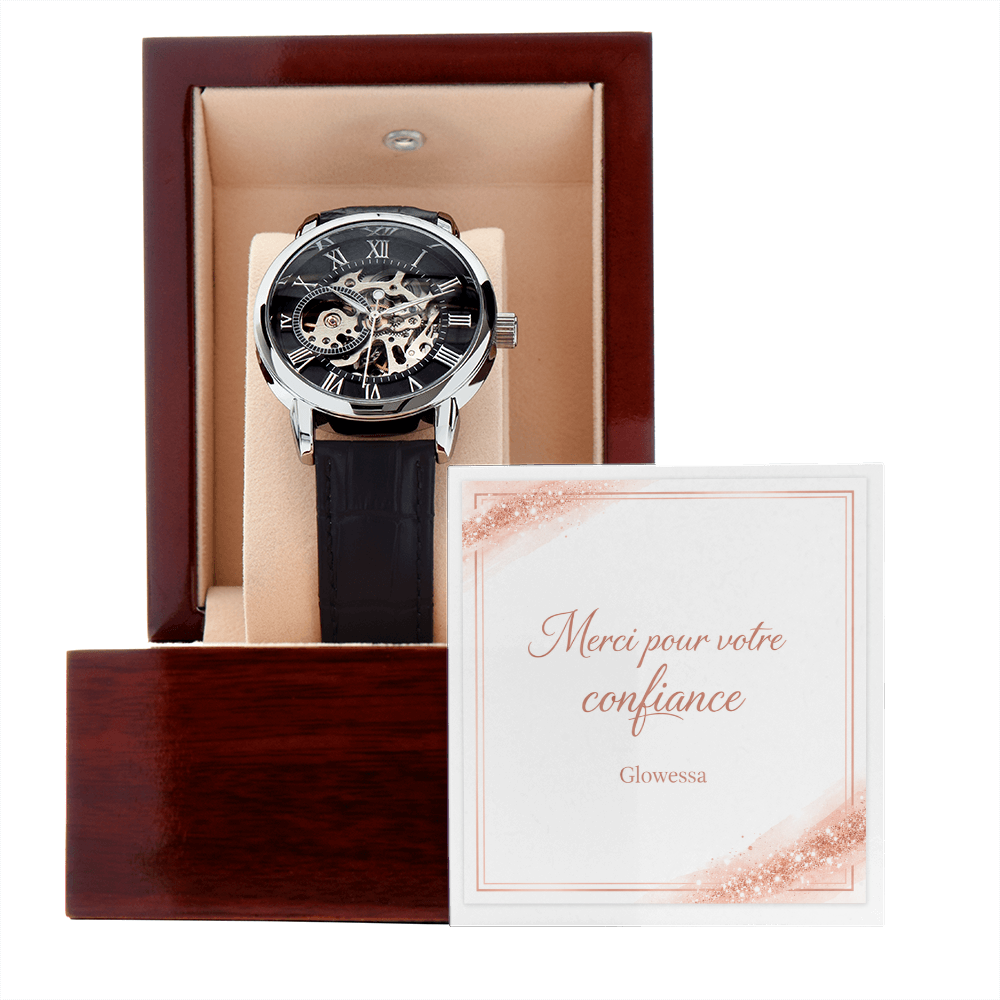 Montre Squelette Automatique Homme – Bracelet Cuir & Verre Minéral