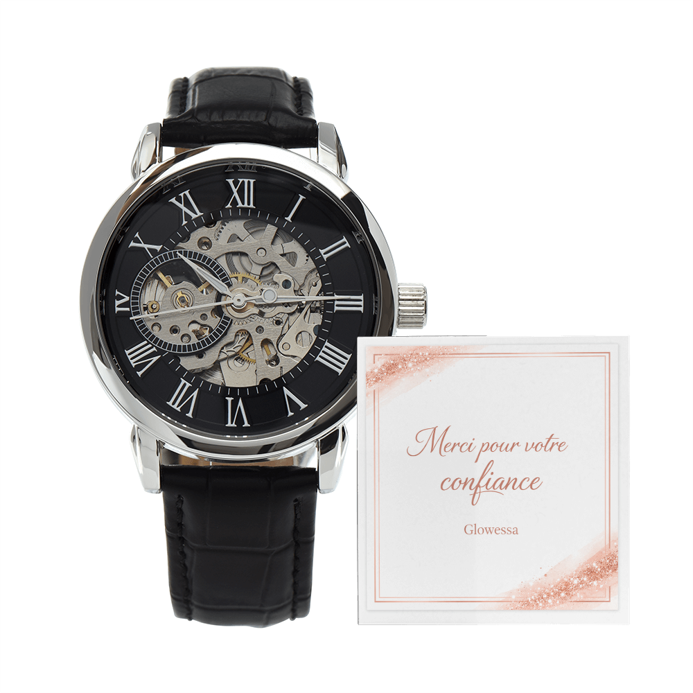 Montre Squelette Automatique Homme – Bracelet Cuir & Verre Minéral
