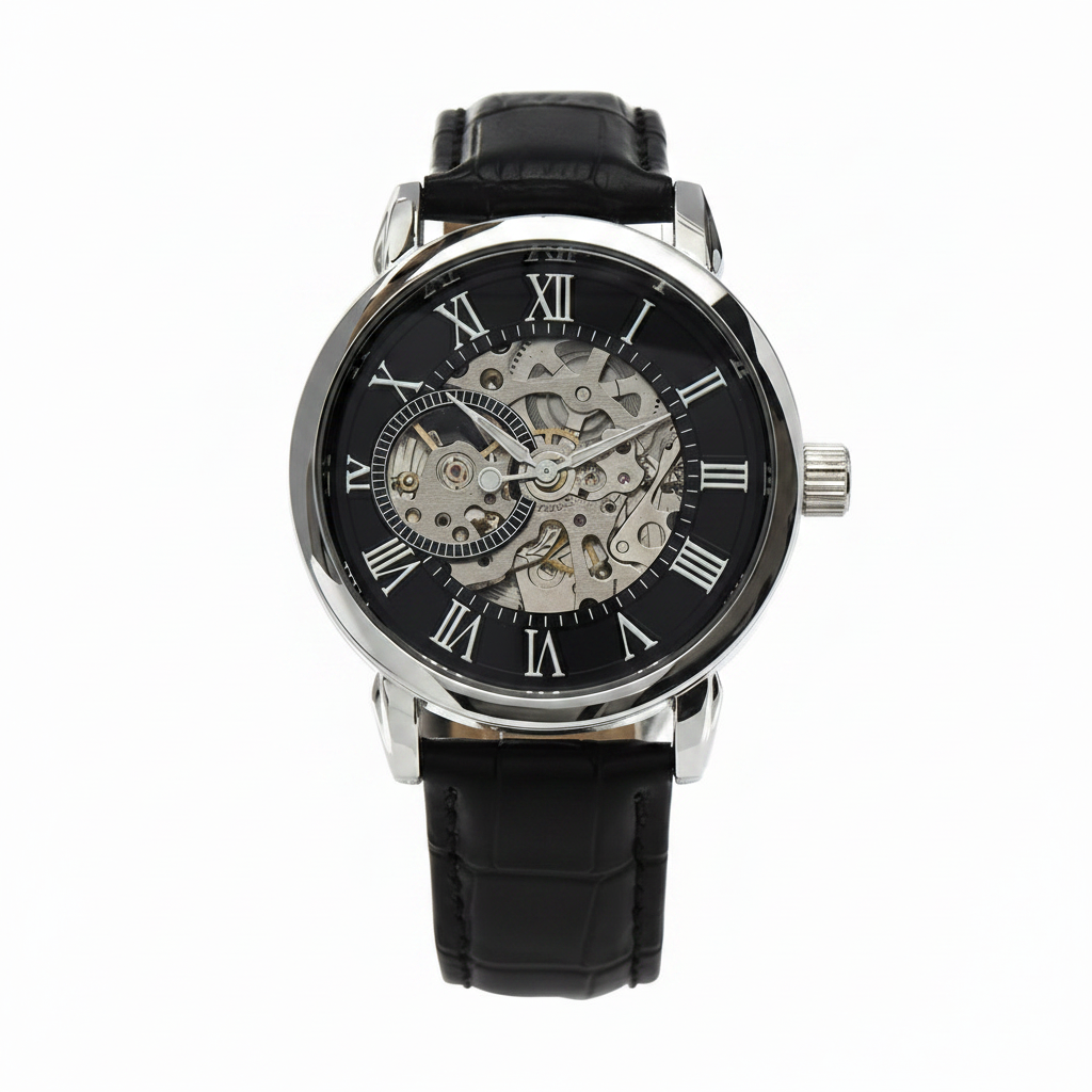 Montre Squelette Automatique Homme – Bracelet cuir noir véritable& Verre Minéral