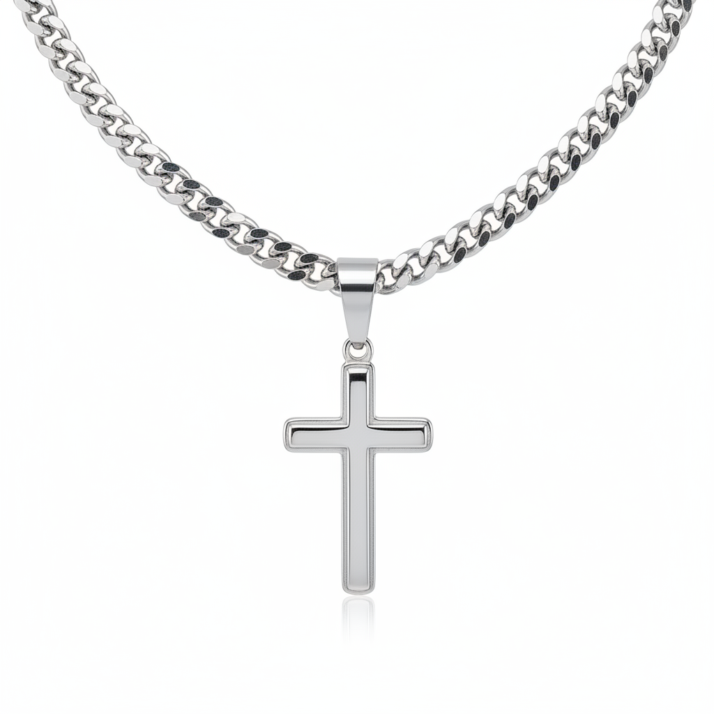 Pendentif Croix Artisanale avec Chaîne Cubaine – Acier Inoxydable ou Or Jaune 18k