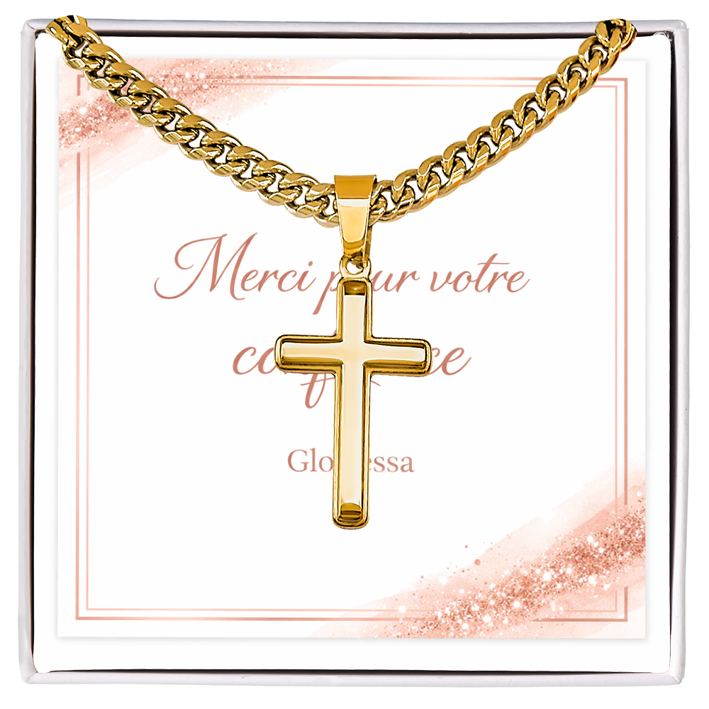 Pendentif Croix Artisanale avec Chaîne Cubaine – Acier Inoxydable ou Or Jaune 18k