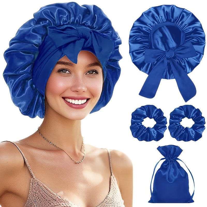Set 4pcs Bonnet Satin Cheveux avec Chouchous et Pochette - Bonnet Nuit Anti-Frisottis Nœud Papillon Doux Boucles Tresses Dreadlocks Sleeping Cap Soin Cheveux