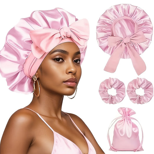 Set 4pcs Bonnet Satin Cheveux avec Chouchous et Pochette - Bonnet Nuit Anti-Frisottis Nœud Papillon Doux Boucles Tresses Dreadlocks Sleeping Cap Soin Cheveux