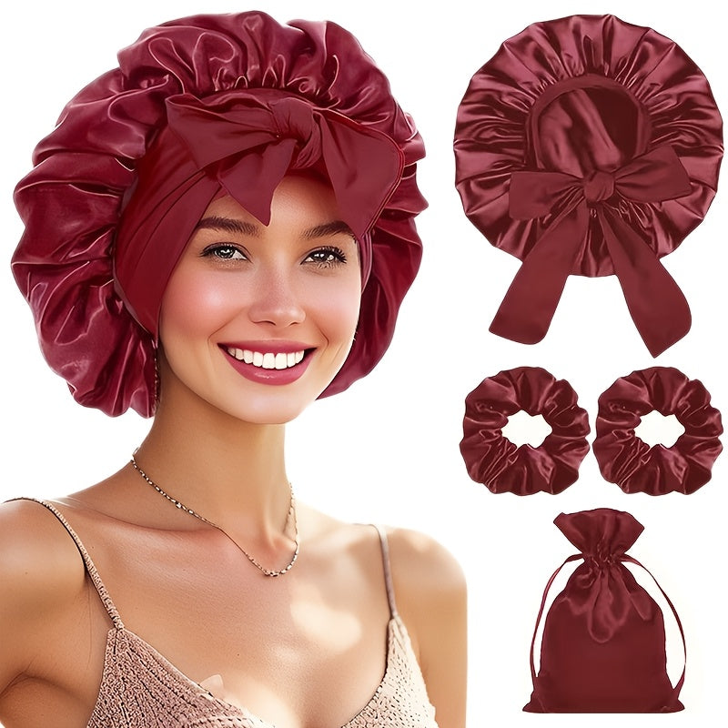 Set 4pcs Bonnet Satin Cheveux avec Chouchous et Pochette - Bonnet Nuit Anti-Frisottis Nœud Papillon Doux Boucles Tresses Dreadlocks Sleeping Cap Soin Cheveux
