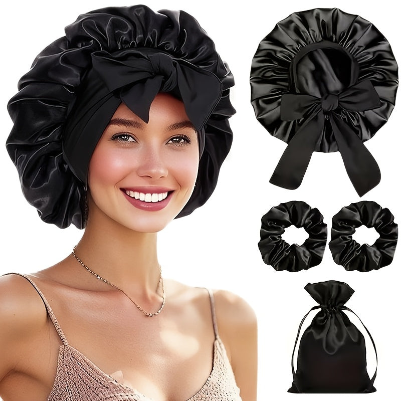 Set 4pcs Bonnet Satin Cheveux avec Chouchous et Pochette - Bonnet Nuit Anti-Frisottis Nœud Papillon Doux Boucles Tresses Dreadlocks Sleeping Cap Soin Cheveux